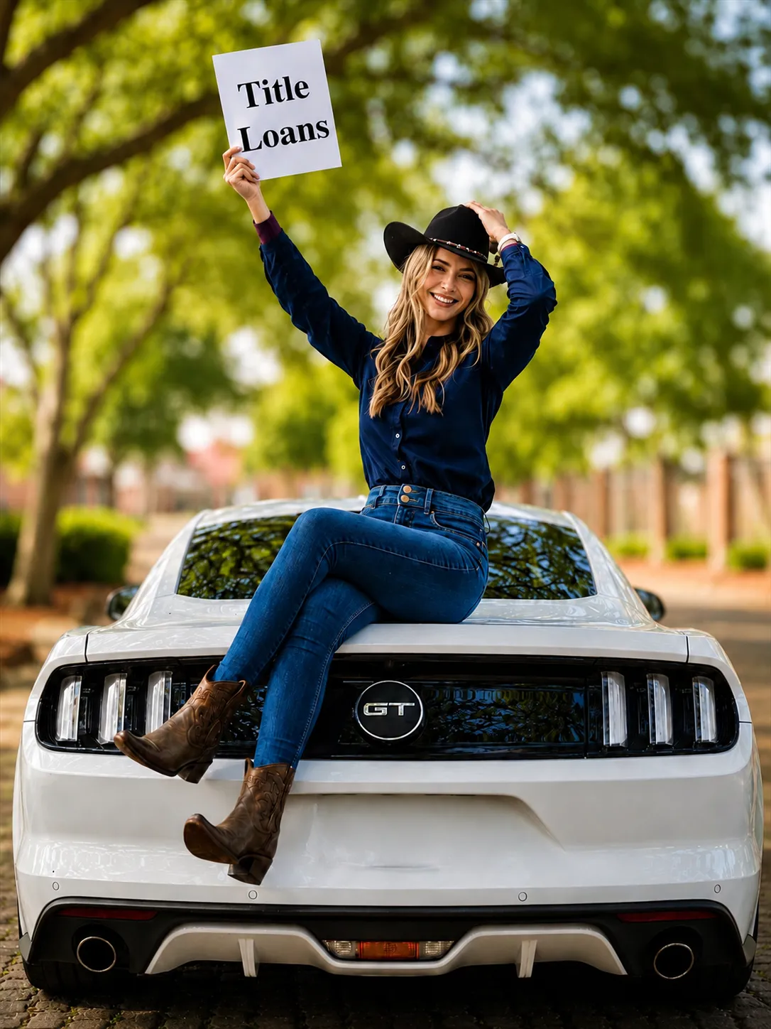 Barco customer holding a Title Loans sign beside a Ford Mustang